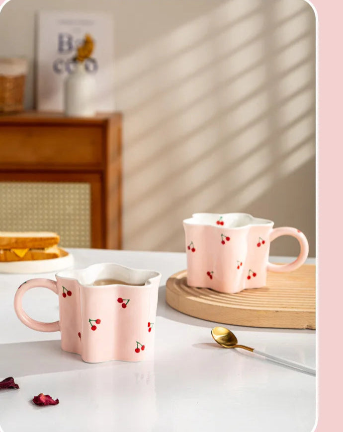 Ceramic Mugs Cherry Print Flower Shaped Coffee Mug