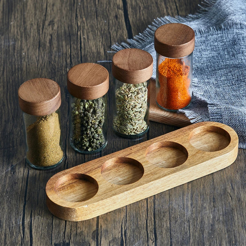 Glass Seasoning Jars Spice Box Wooden Pallets Three-piece Set Spice Jars Kitchen Storage Containers Salt Seasoning Organizer