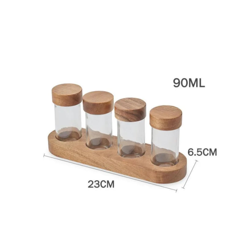 Glass Seasoning Jars Spice Box Wooden Pallets Three-piece Set Spice Jars Kitchen Storage Containers Salt Seasoning Organizer