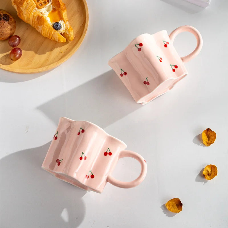 Ceramic Mugs Cherry Print Flower Shaped Coffee Mug