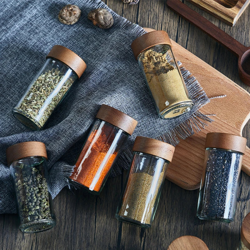 Glass Seasoning Jars Spice Box Wooden Pallets Three-piece Set Spice Jars Kitchen Storage Containers Salt Seasoning Organizer