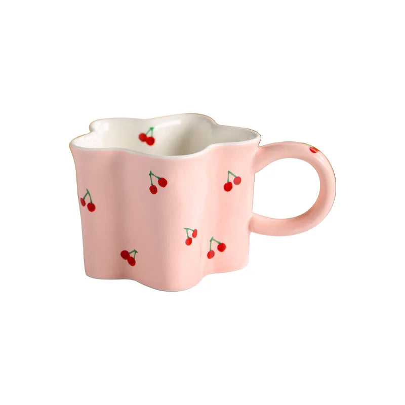 Ceramic Mugs Cherry Print Flower Shaped Coffee Mug