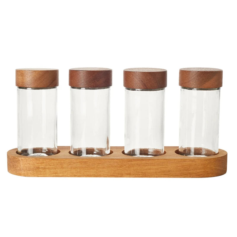 Glass Seasoning Jars Spice Box Wooden Pallets Three-piece Set Spice Jars Kitchen Storage Containers Salt Seasoning Organizer