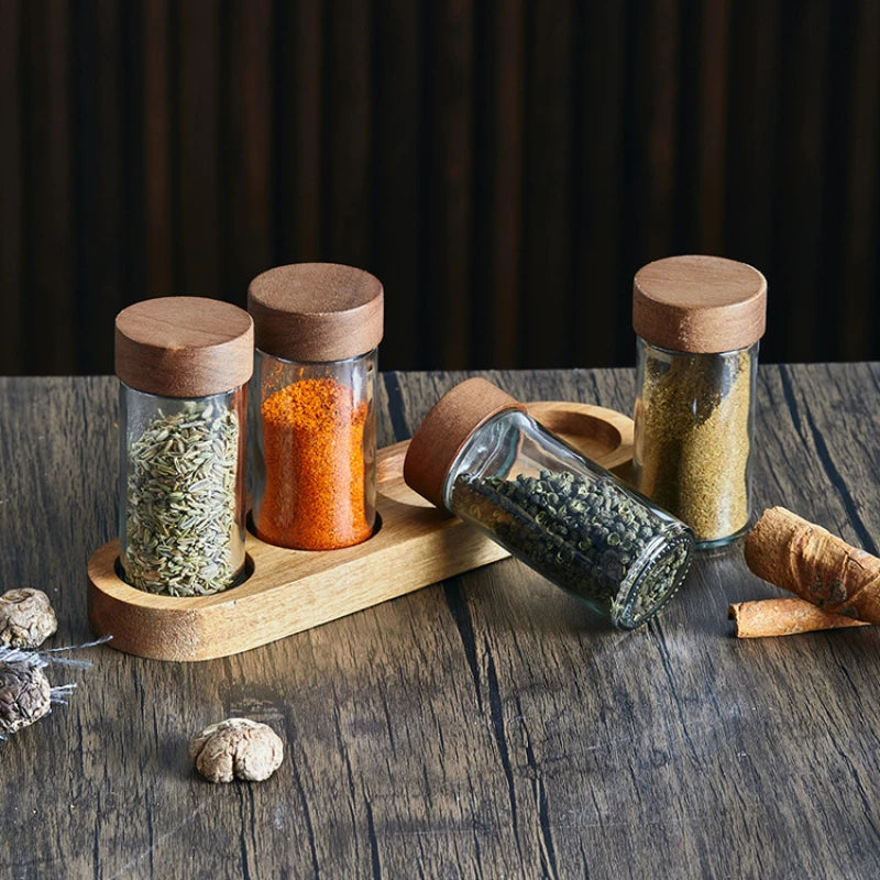 Glass Seasoning Jars Spice Box Wooden Pallets Three-piece Set Spice Jars Kitchen Storage Containers Salt Seasoning Organizer