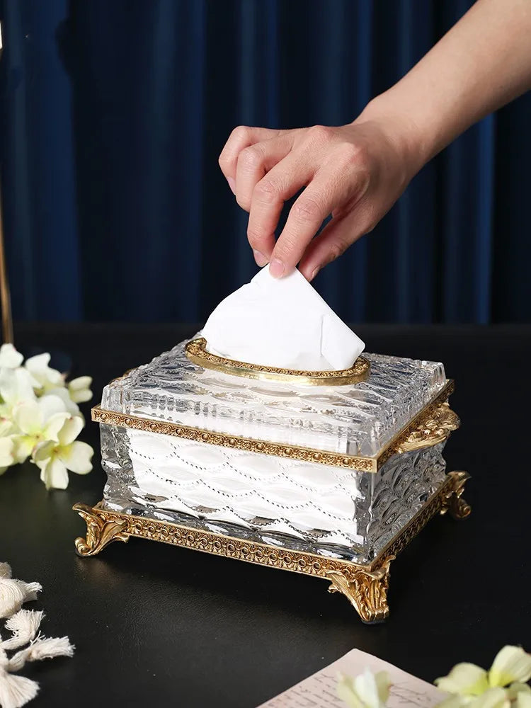 Crystal Glass Tissue Box Golden Brass Transparent Paper Box Household Storage Vintage Tissue Holder