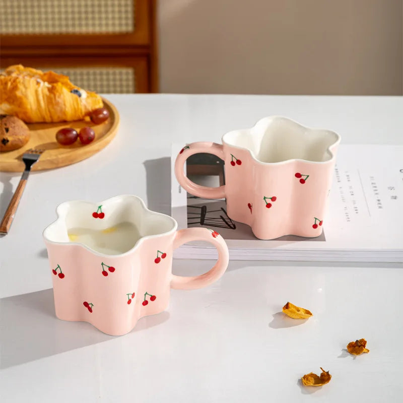 Ceramic Mugs Cherry Print Flower Shaped Coffee Mug