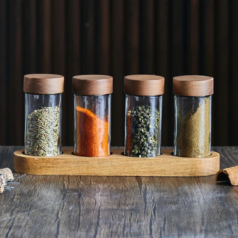 Glass Seasoning Jars Spice Box Wooden Pallets Three-piece Set Spice Jars Kitchen Storage Containers Salt Seasoning Organizer