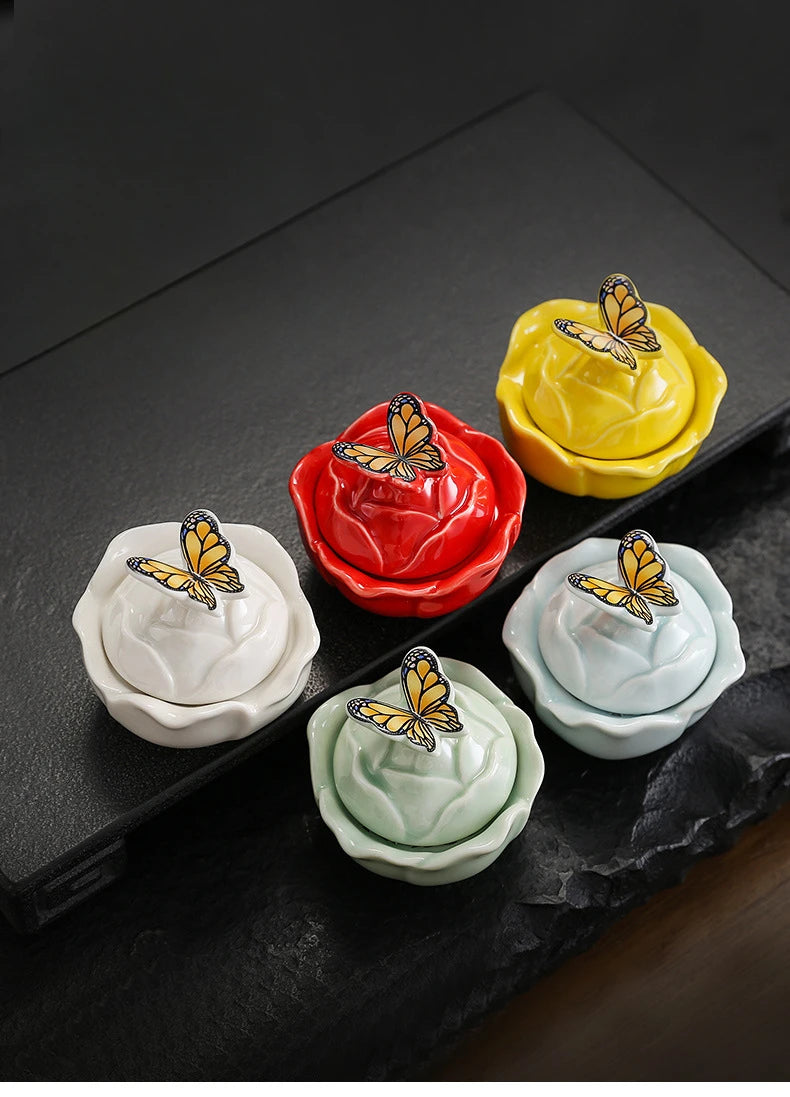 Rose Shape Butterfly Ceramic Tea Sealed Storage Tea Caddy Small Candy Jar Seasoning Storage Kitchen Container