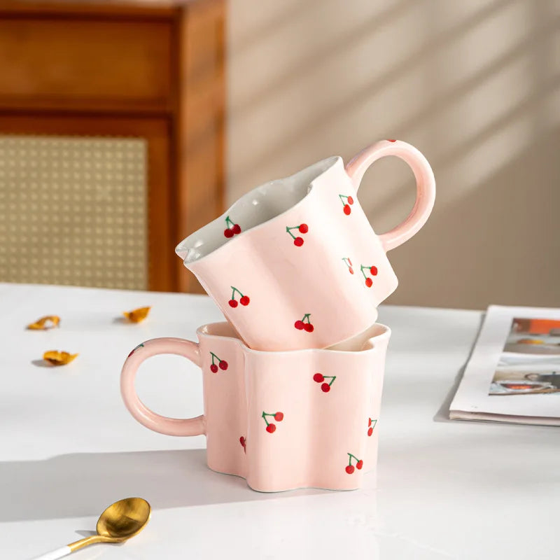 Ceramic Mugs Cherry Print Flower Shaped Coffee Mug
