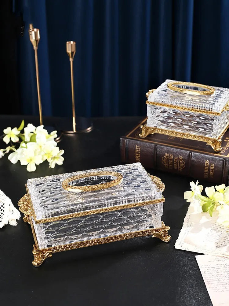 Crystal Glass Tissue Box Golden Brass Transparent Paper Box Household Storage Vintage Tissue Holder