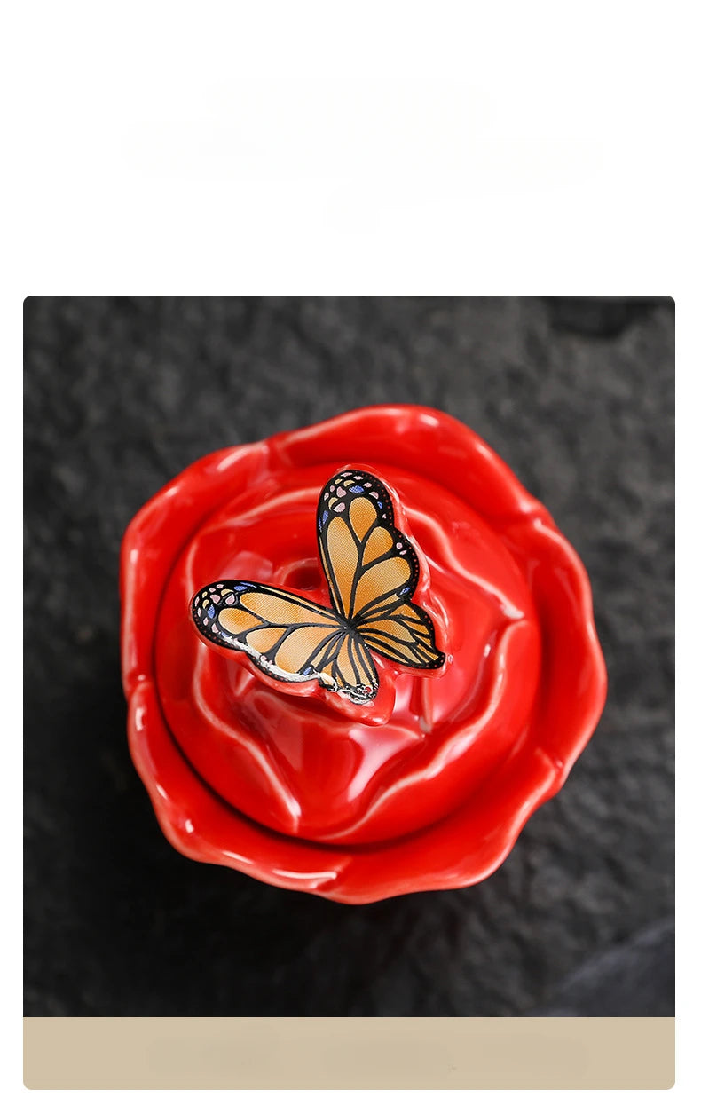 Rose Shape Butterfly Ceramic Tea Sealed Storage Tea Caddy Small Candy Jar Seasoning Storage Kitchen Container