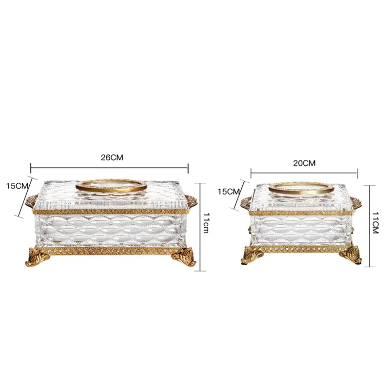 Crystal Glass Tissue Box Golden Brass Transparent Paper Box Household Storage Vintage Tissue Holder