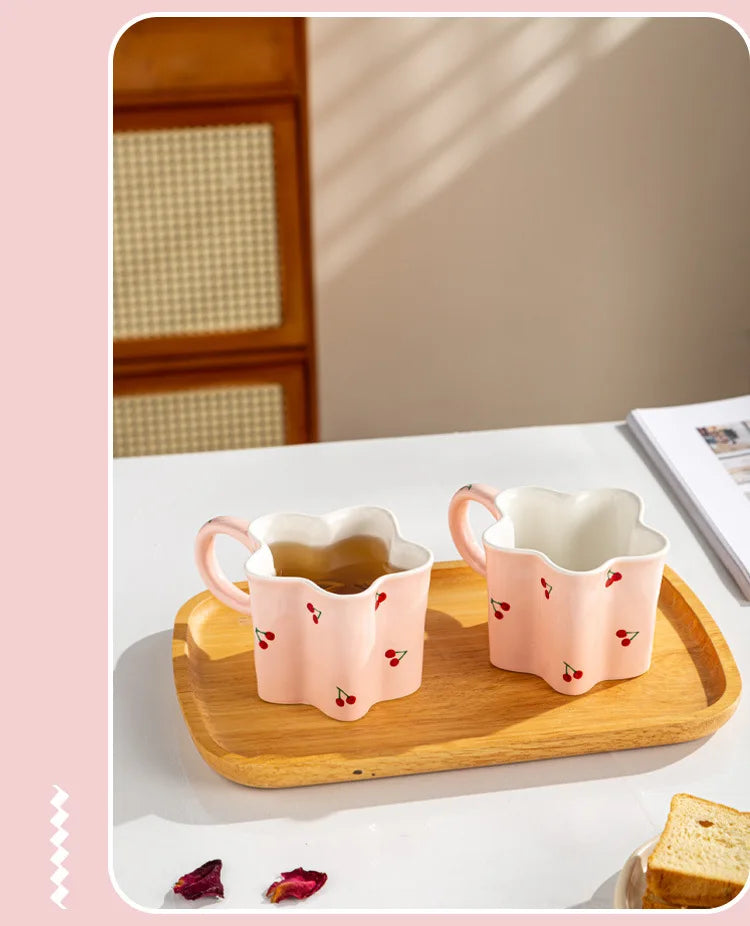 Ceramic Mugs Cherry Print Flower Shaped Coffee Mug