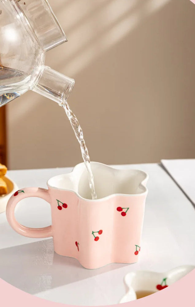 Ceramic Mugs Cherry Print Flower Shaped Coffee Mug