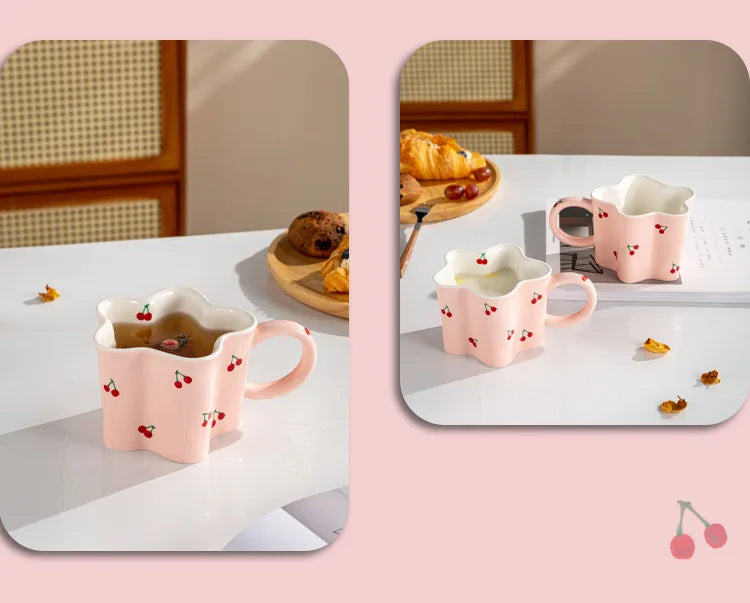 Ceramic Mugs Cherry Print Flower Shaped Coffee Mug