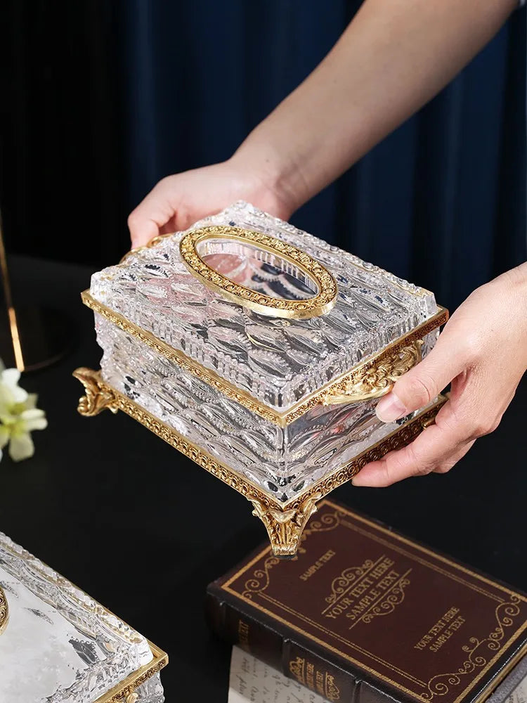 Crystal Glass Tissue Box Golden Brass Transparent Paper Box Household Storage Vintage Tissue Holder