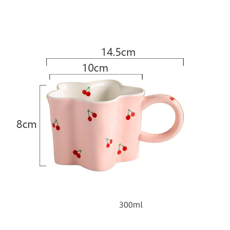 Ceramic Mugs Cherry Print Flower Shaped Coffee Mug