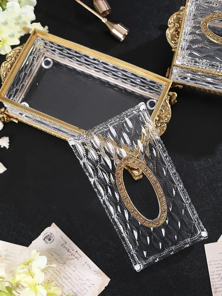 Crystal Glass Tissue Box Golden Brass Transparent Paper Box Household Storage Vintage Tissue Holder