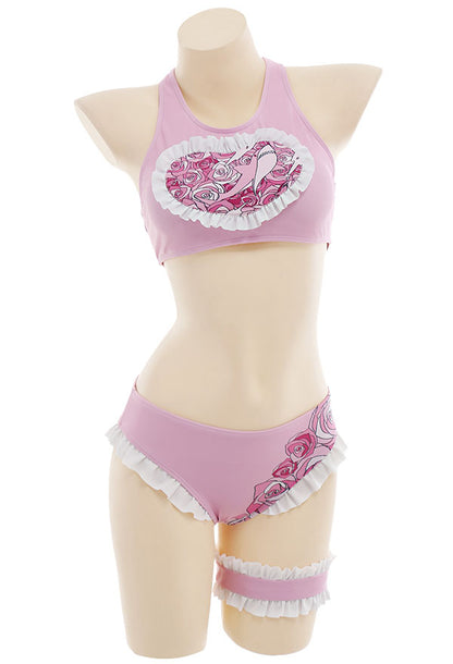 Kawaii Rose Shark Pattern Two Piece Swimsuit