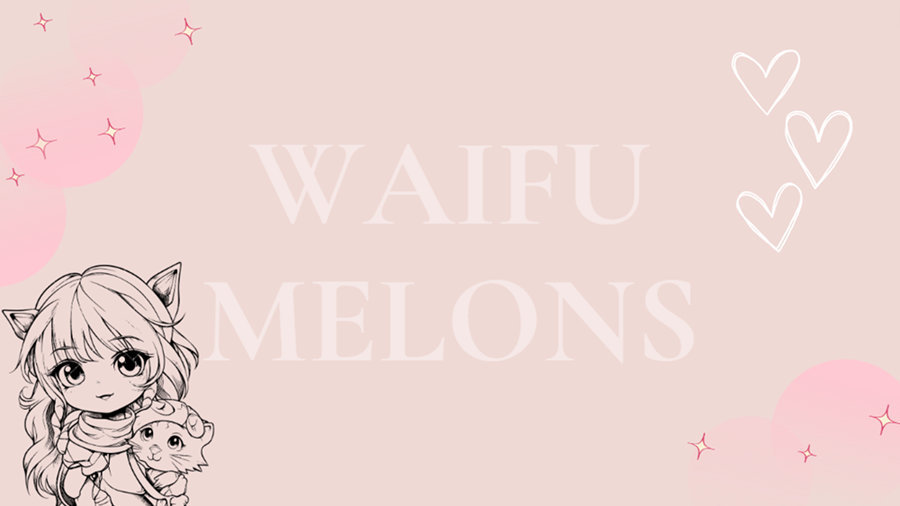 light pink background, balloons with sparkles, a beautiful girl cat ears, kitty, hearts right top,"WAIFU MELONS"