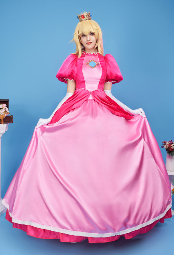 Peach Cosplay Costume Pink Dress Gloves Earrings Petticoat