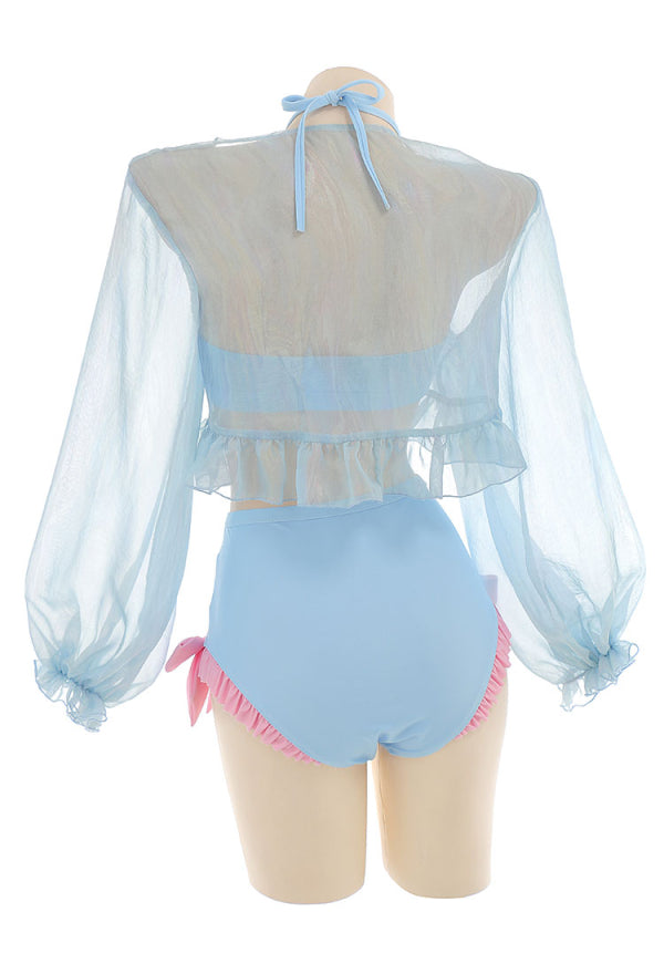 Blue Bunny Swimwear Bathing Suit Halter Top and Bowknot Bottoms Bikini Set with Chiffon Cover-Up