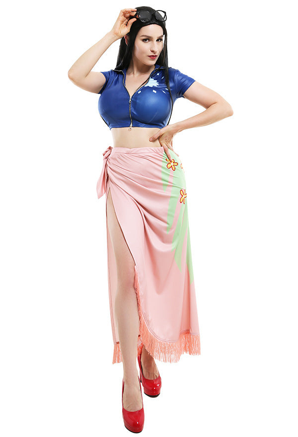 One piece Nico Robin Cosplay Top and Floral Pattern Wrap Skirt Costume Outfit +Tassel