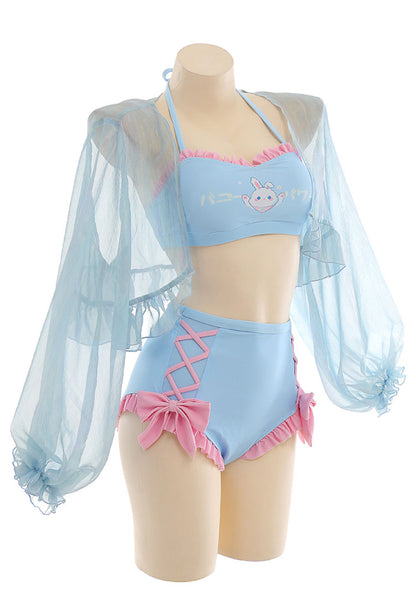 Blue Bunny Swimwear Bathing Suit Halter Top and Bowknot Bottoms Bikini Set with Chiffon Cover-Up