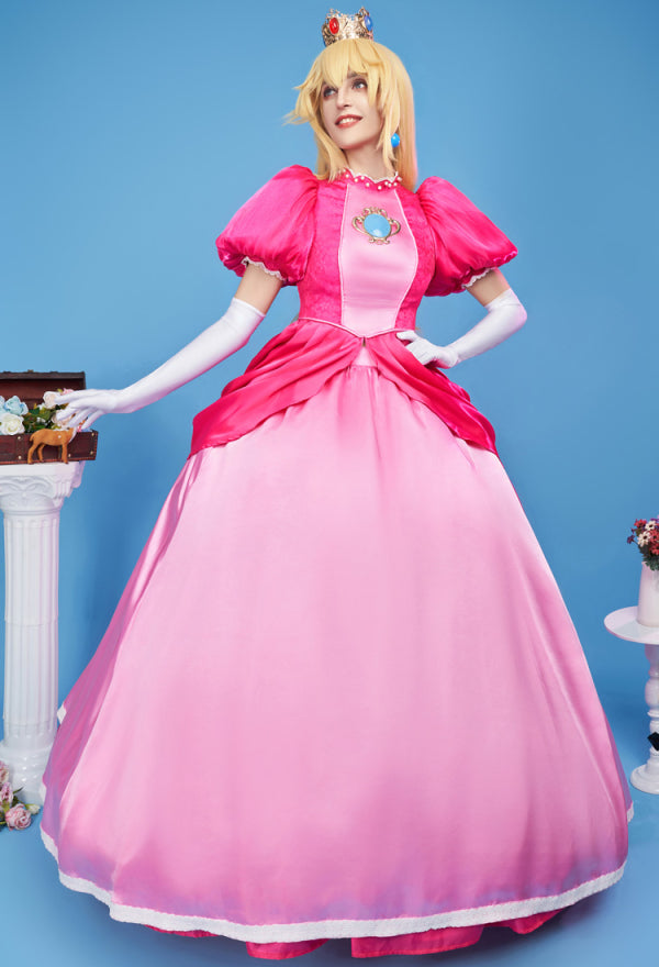 Peach Cosplay Costume Pink Dress Gloves Earrings Petticoat