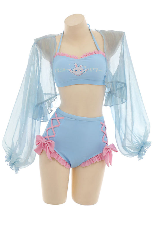 Blue Bunny Swimwear Bathing Suit Halter Top and Bowknot Bottoms Bikini Set with Chiffon Cover-Up