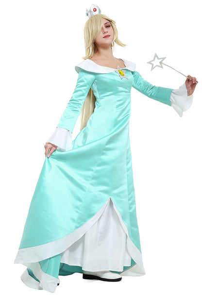 Rosalina Costume Dress Including Crown Wand and Earings for Princess Cosplay  Light Blue Dress