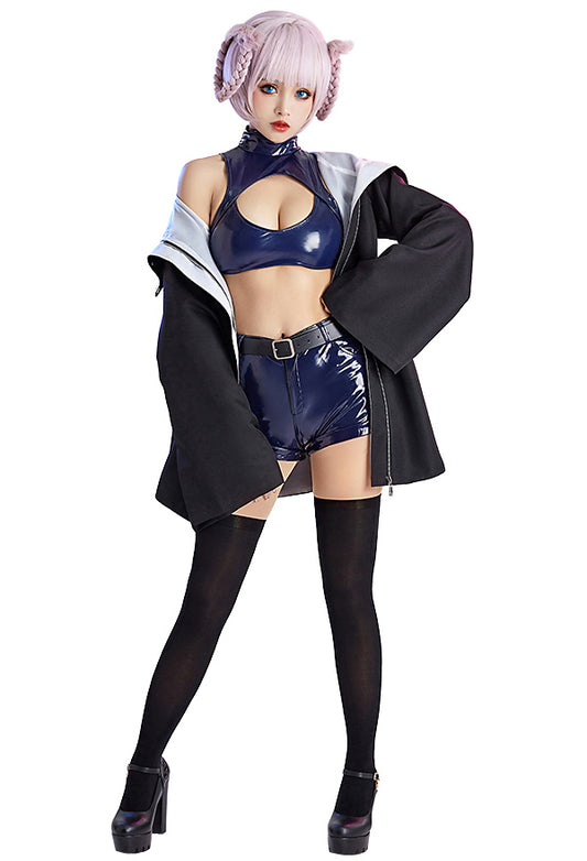 Cosplay Costume Cutout Crop Top and Shorts with Coat and Socks