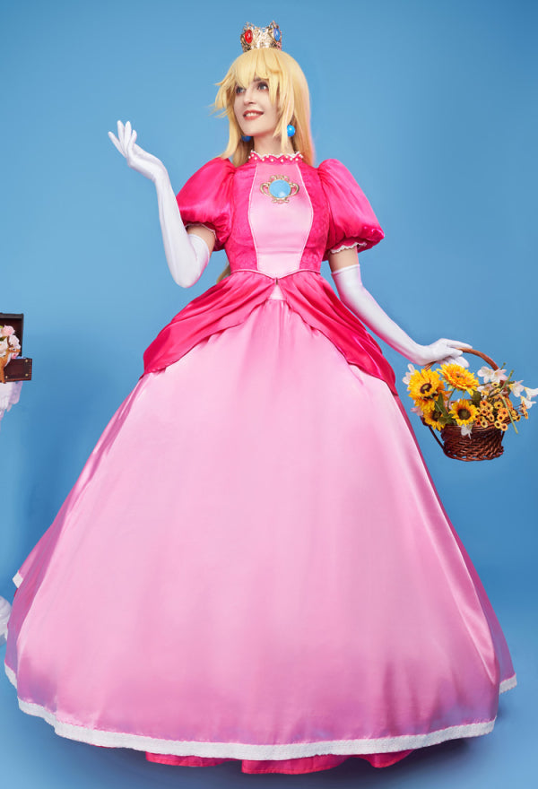 Peach Cosplay Costume Pink Dress Gloves Earrings Petticoat