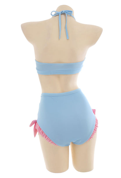 Blue Bunny Swimwear Bathing Suit Halter Top and Bowknot Bottoms Bikini Set with Chiffon Cover-Up