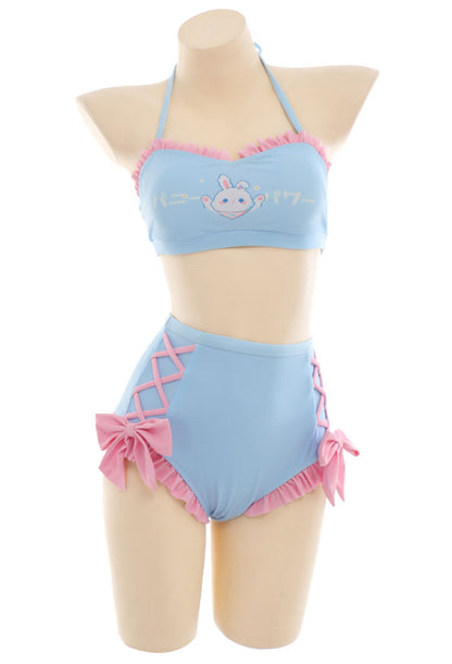 Blue Bunny Swimwear Bathing Suit Halter Top and Bowknot Bottoms Bikini Set with Chiffon Cover-Up