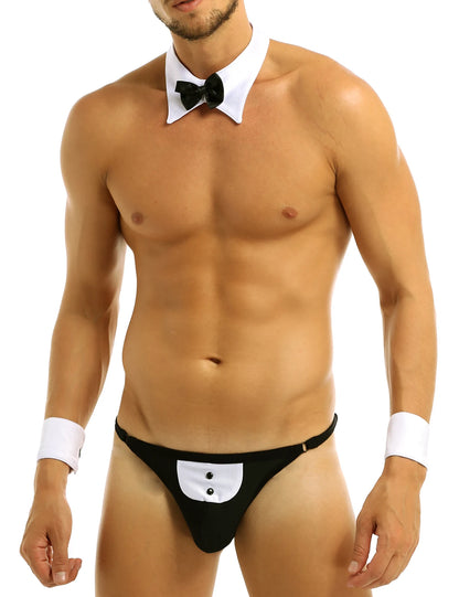 Men's Cosplay Costume Set 3 Pcs Waiter Lingerie - Open Back Tuxedo G-String Thong, Underwear with Bow Tie Collar and Bracelets