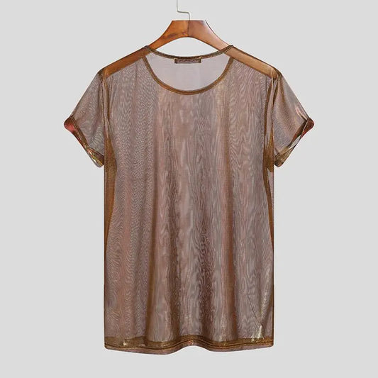 Mesh T-Shirt See Through Shiny O-Neck Short Sleeve Tee Top Party