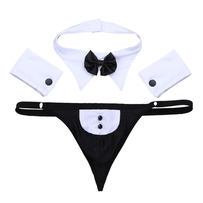 Men's Cosplay Costume Set 3 Pcs Waiter Lingerie - Open Back Tuxedo G-String Thong, Underwear with Bow Tie Collar and Bracelets