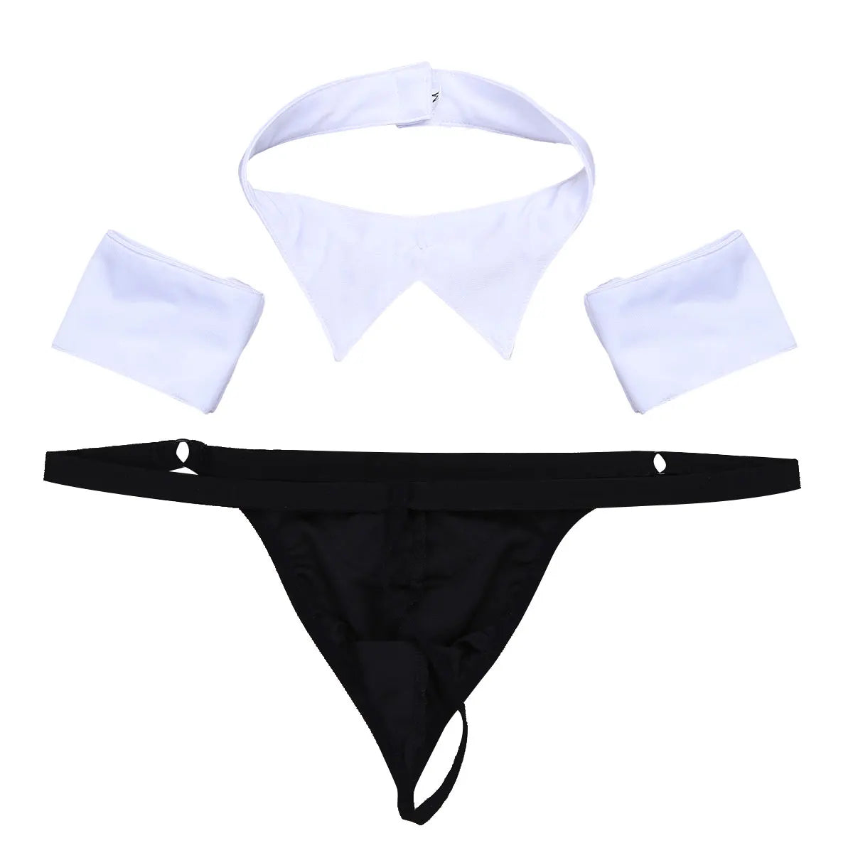 Men's Cosplay Costume Set 3 Pcs Waiter Lingerie - Open Back Tuxedo G-String Thong, Underwear with Bow Tie Collar and Bracelets