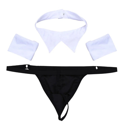 Men's Cosplay Costume Set 3 Pcs Waiter Lingerie - Open Back Tuxedo G-String Thong, Underwear with Bow Tie Collar and Bracelets