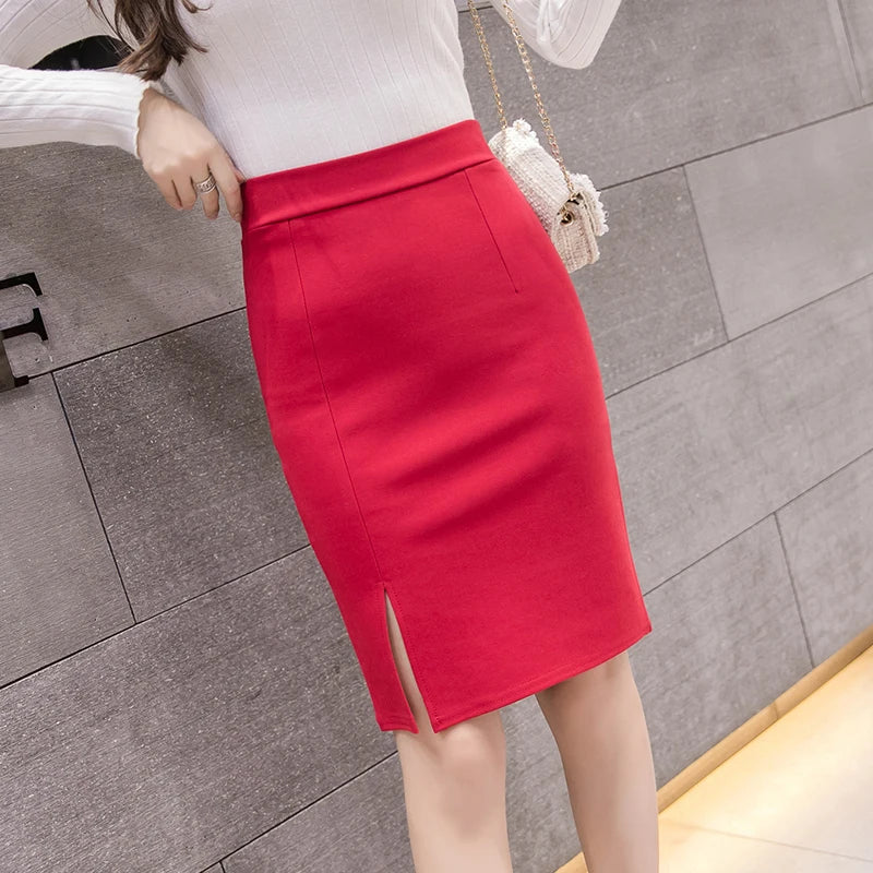 Office Formal Pencil Slim Front Slit Midi Skirt in Black Gray Red