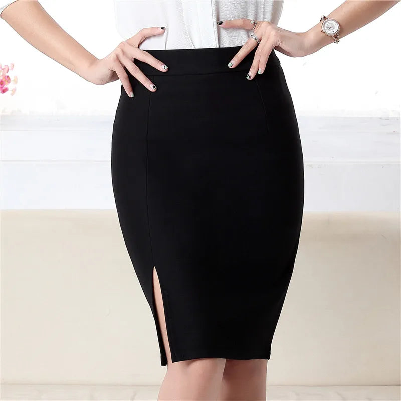 Office Formal Pencil Slim Front Slit Midi Skirt in Black Gray Red