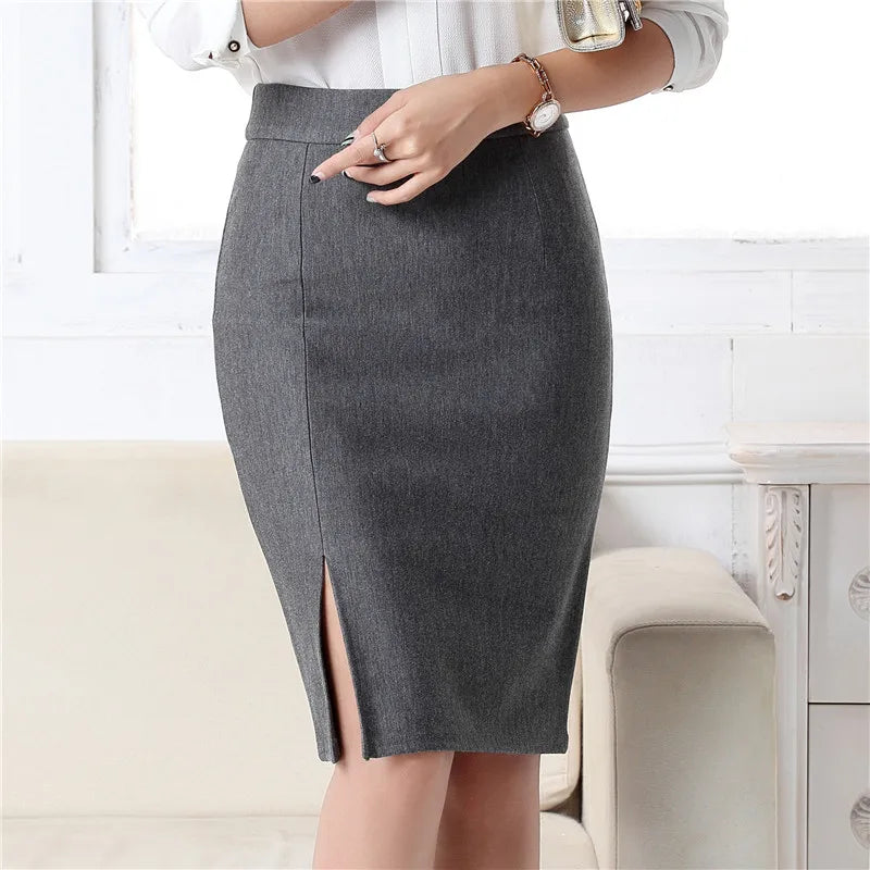 Office Formal Pencil Slim Front Slit Midi Skirt in Black Gray Red