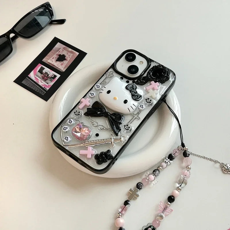 Kawaii 3D Y2K Hello Kitty Transparent Phone Case For iPhone 15 14 Pro 13 12 11 Pro Max Cover With Lanyard