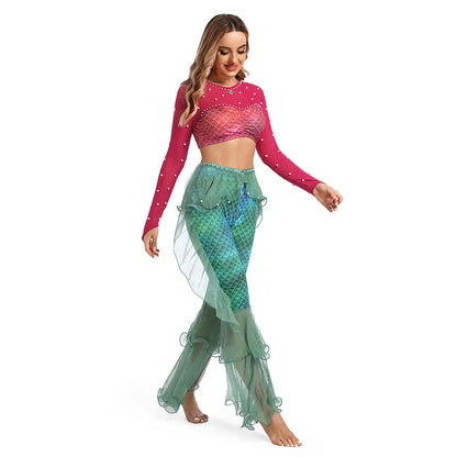 Mermaid Princess Rave Pants Top Red Ruffle Green Pants Cosplay Costume