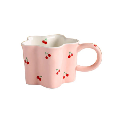 Ceramic Mugs Cherry Print Flower Shaped Coffee Mug