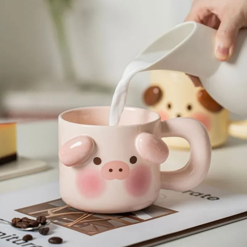 Ceramic Mugs Cartoon Puppy Three-dimensional Animals Pink Pig Cute Coffee Mug with Lid Milk Cups