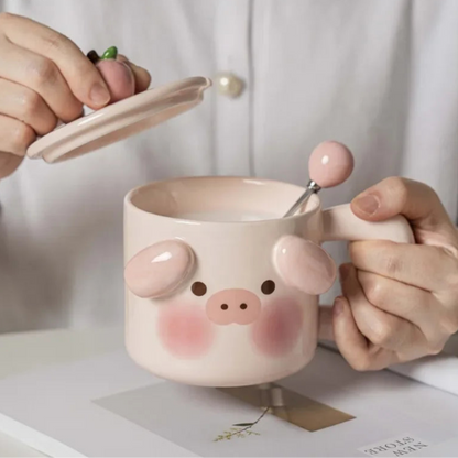 Ceramic Mugs Cartoon Puppy Three-dimensional Animals Pink Pig Cute Coffee Mug with Lid Milk Cups