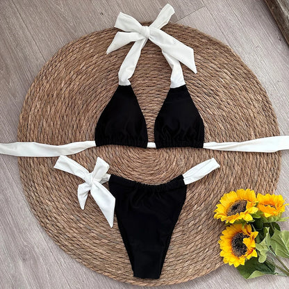 Trendy Black and White Backless Monokini Bikini, Sexy Solid Swimwear for Women