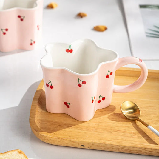 Ceramic Mugs Cherry Print Flower Shaped Coffee Mug
